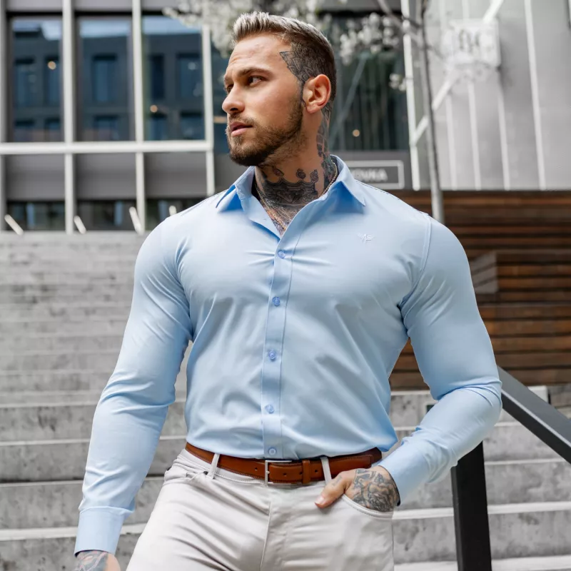 Cămașă elastică Iron Aesthetics Slim Stretch, albastru deschis-9