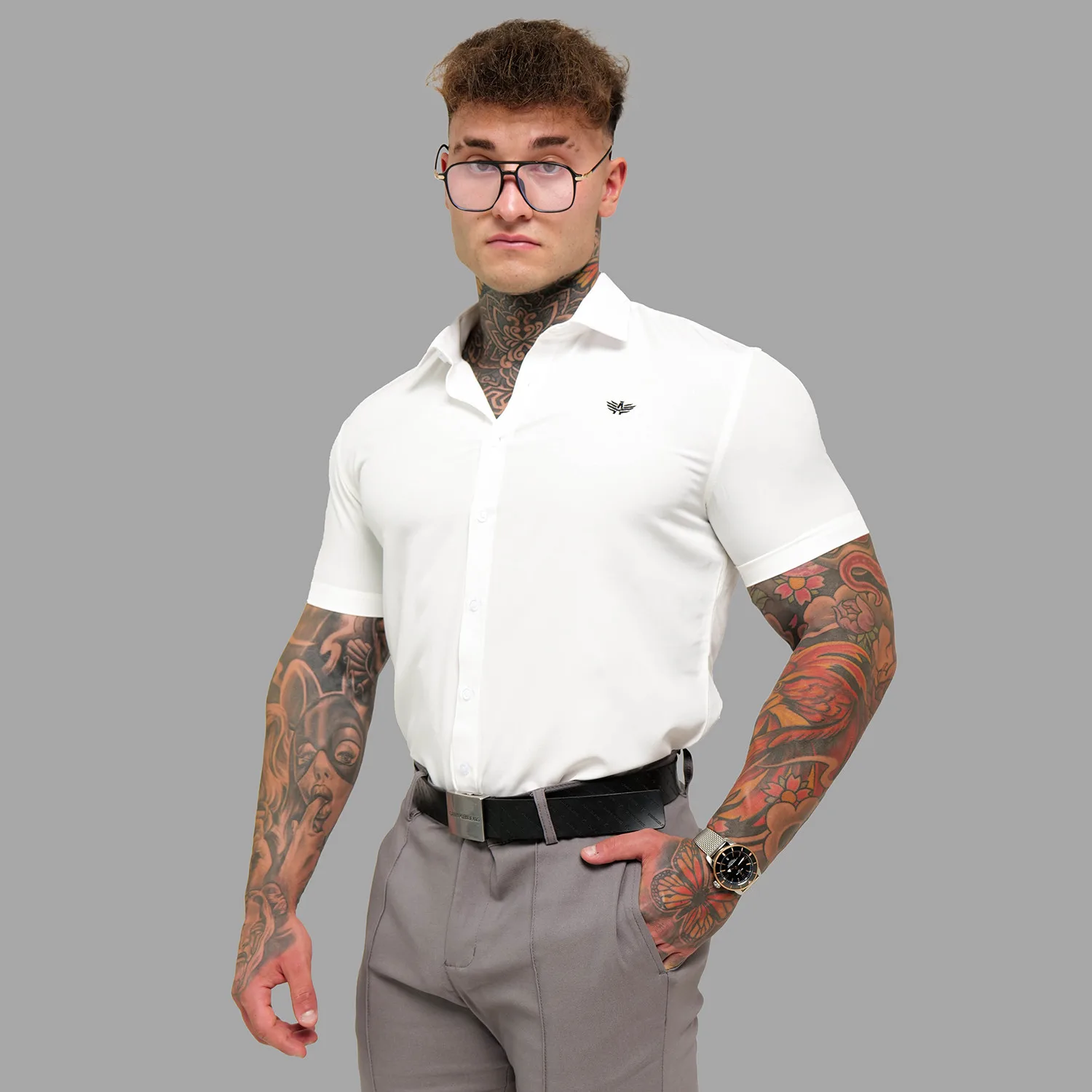 Cămașă elastică Iron Aesthetics Short Slim Stretch, albă natural-1