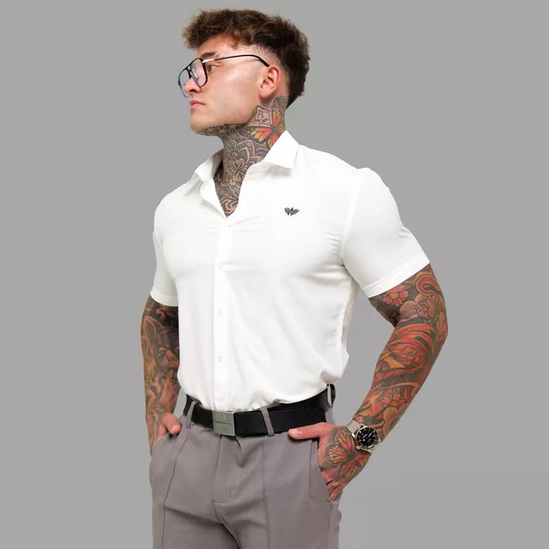 Cămașă elastică Iron Aesthetics Short Slim Stretch, albă natural-3