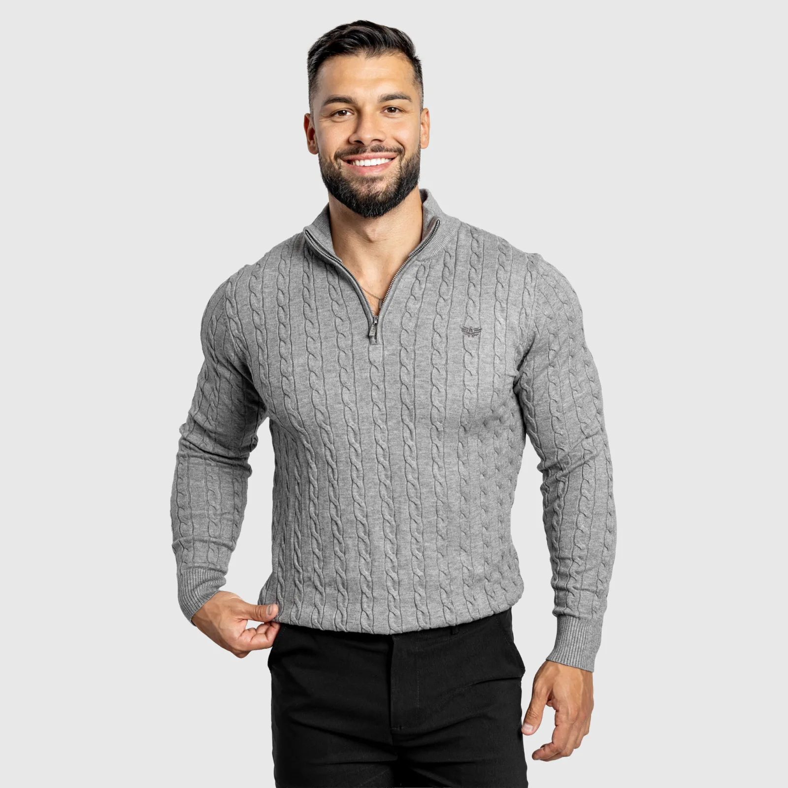 Pulover bărbați Iron Aesthetics Cable Knit, gri-1