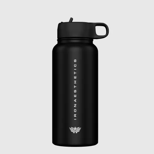 Sticlă oțel inoxidabil cu pai Iron Aesthetics Flip Sip 500 ml, neagră