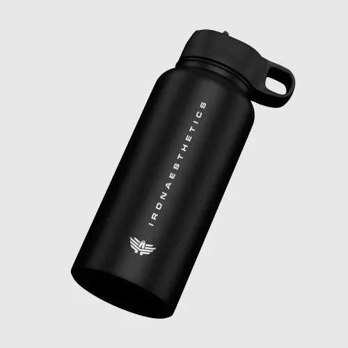 Sticlă oțel inoxidabil cu pai Iron Aesthetics Flip Sip 500 ml, neagră