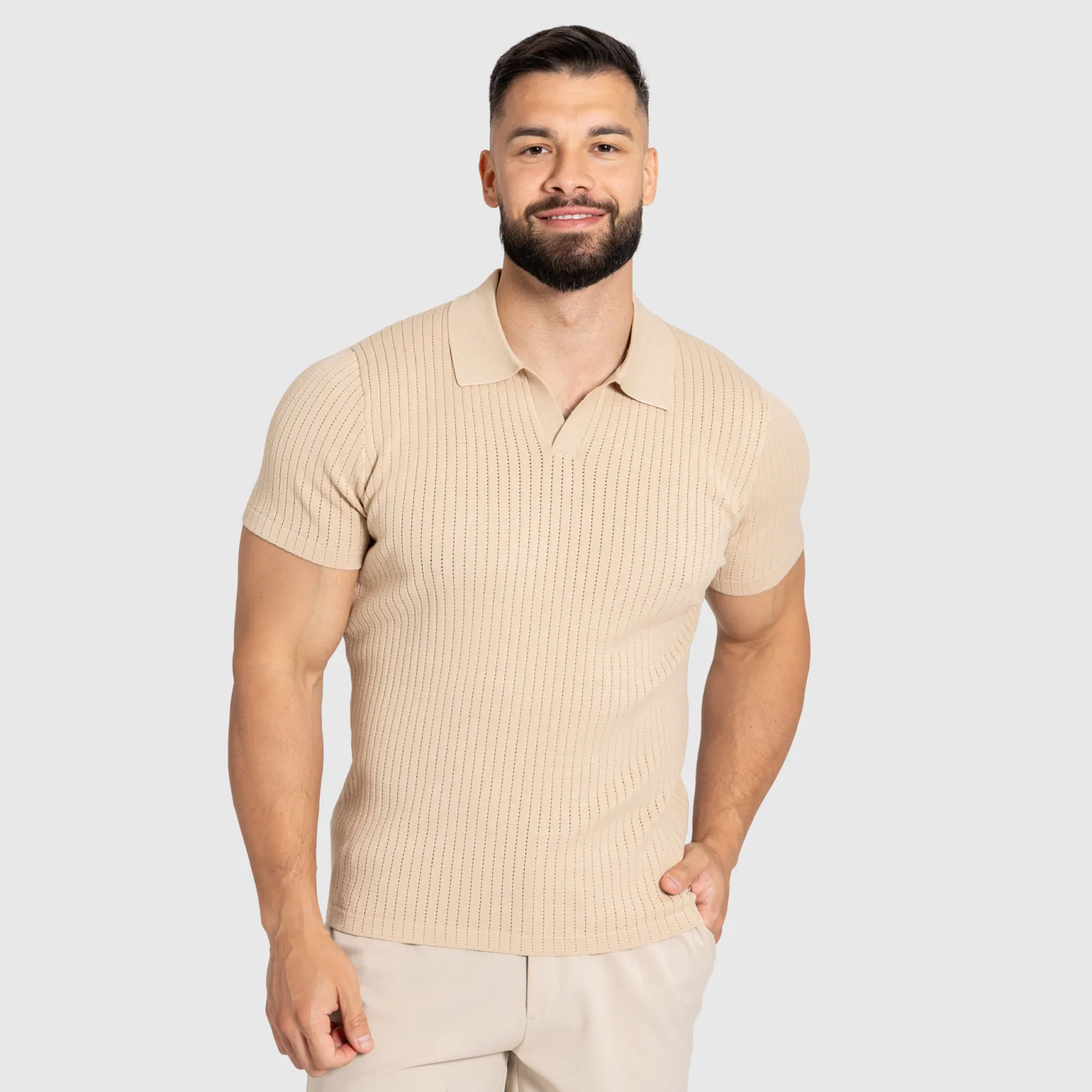Tricou bărbați Iron Aesthetics Polo Knit, bej-1