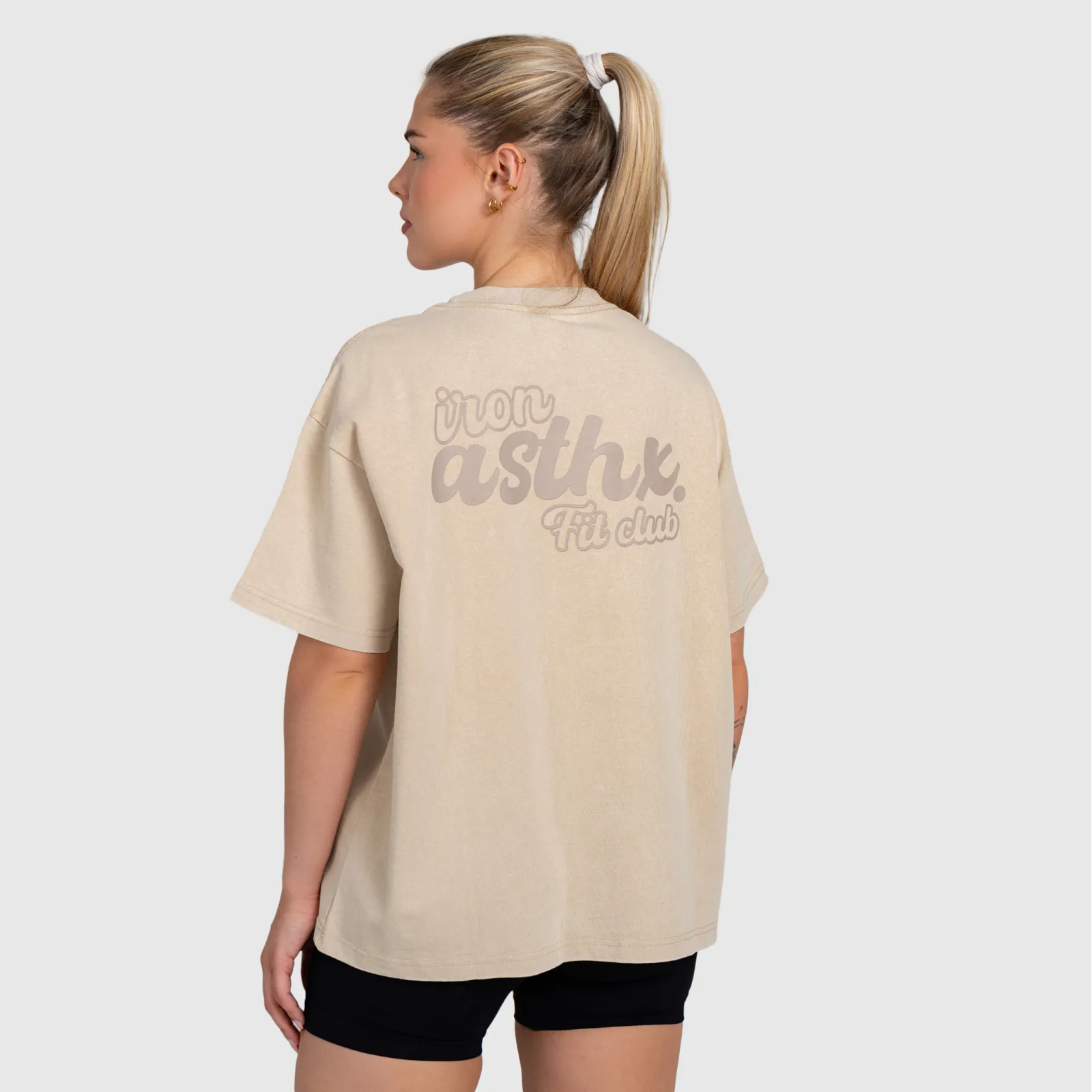 Tricou oversized damă Iron Aesthetics Fit club, washed beige-4