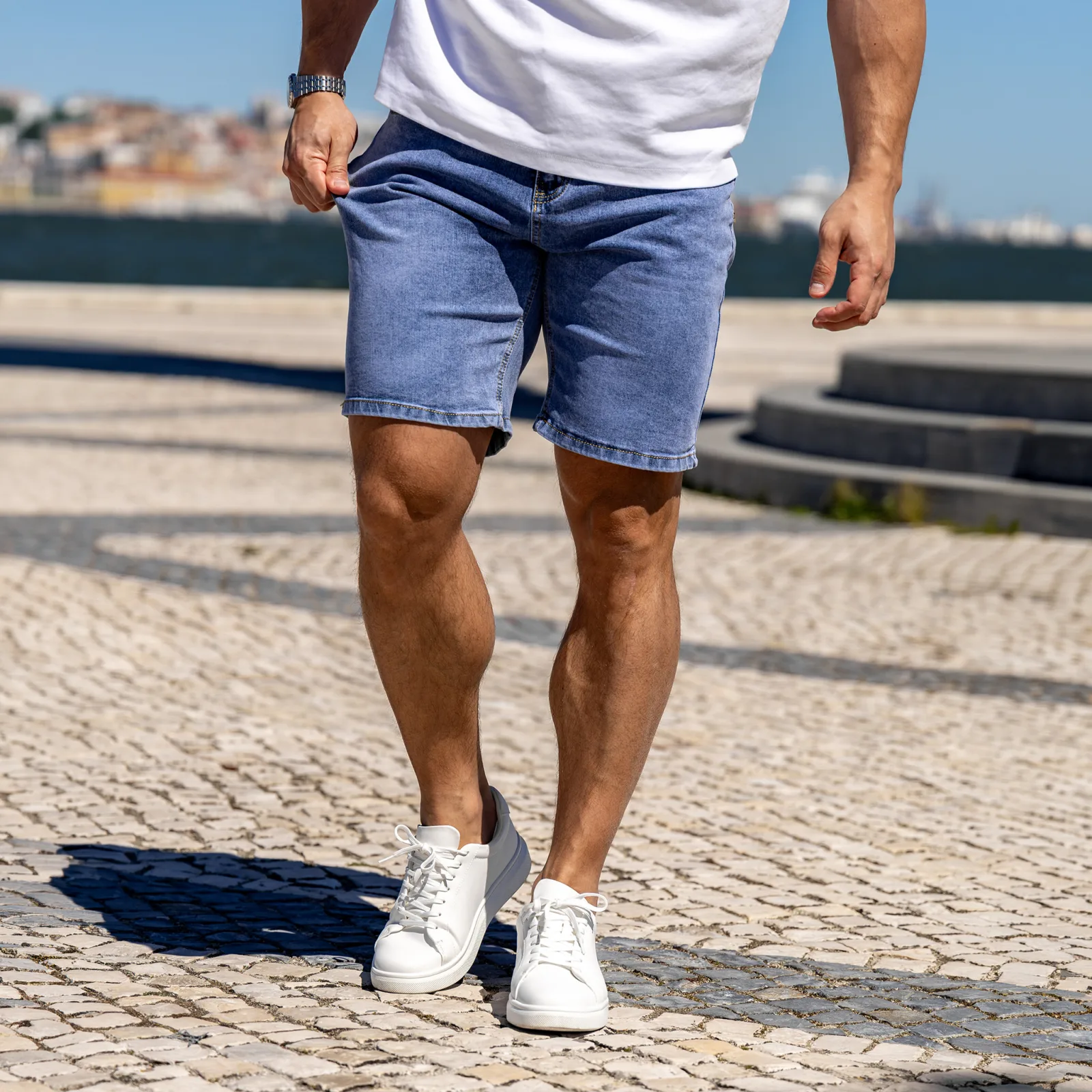 Pantaloni scurți din denim bărbați Iron Aesthetics Denim Stretch, albaștri-1